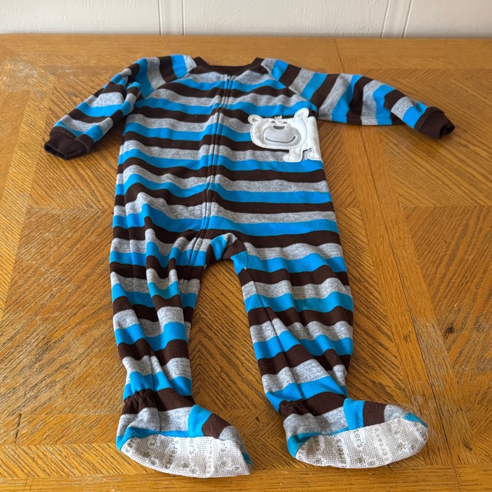 Carter's Blue and Brown Striped Footie with Bear Pocket